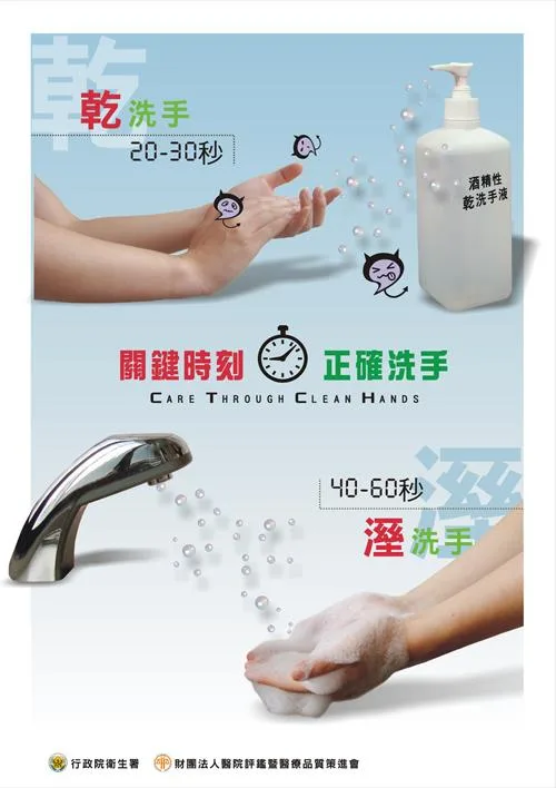 乾洗手 20–30 秒、濕洗手 40–60 秒的衛教海報