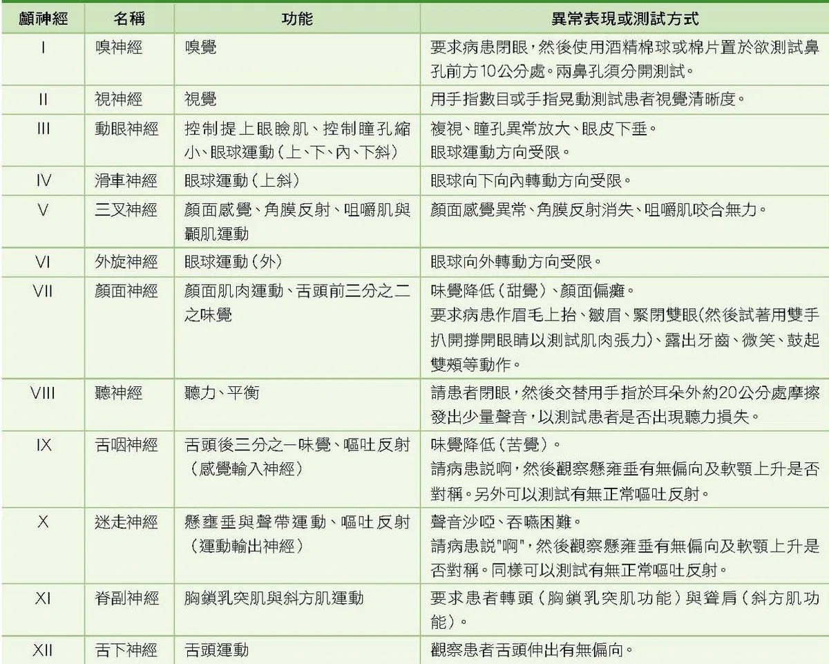 十二對顱神經檢查總覽